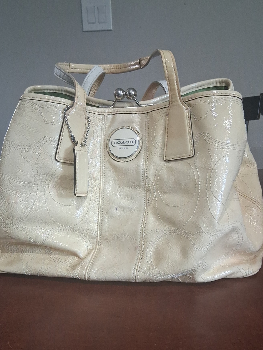 COACH Cream Patent-Leather Signature Tote